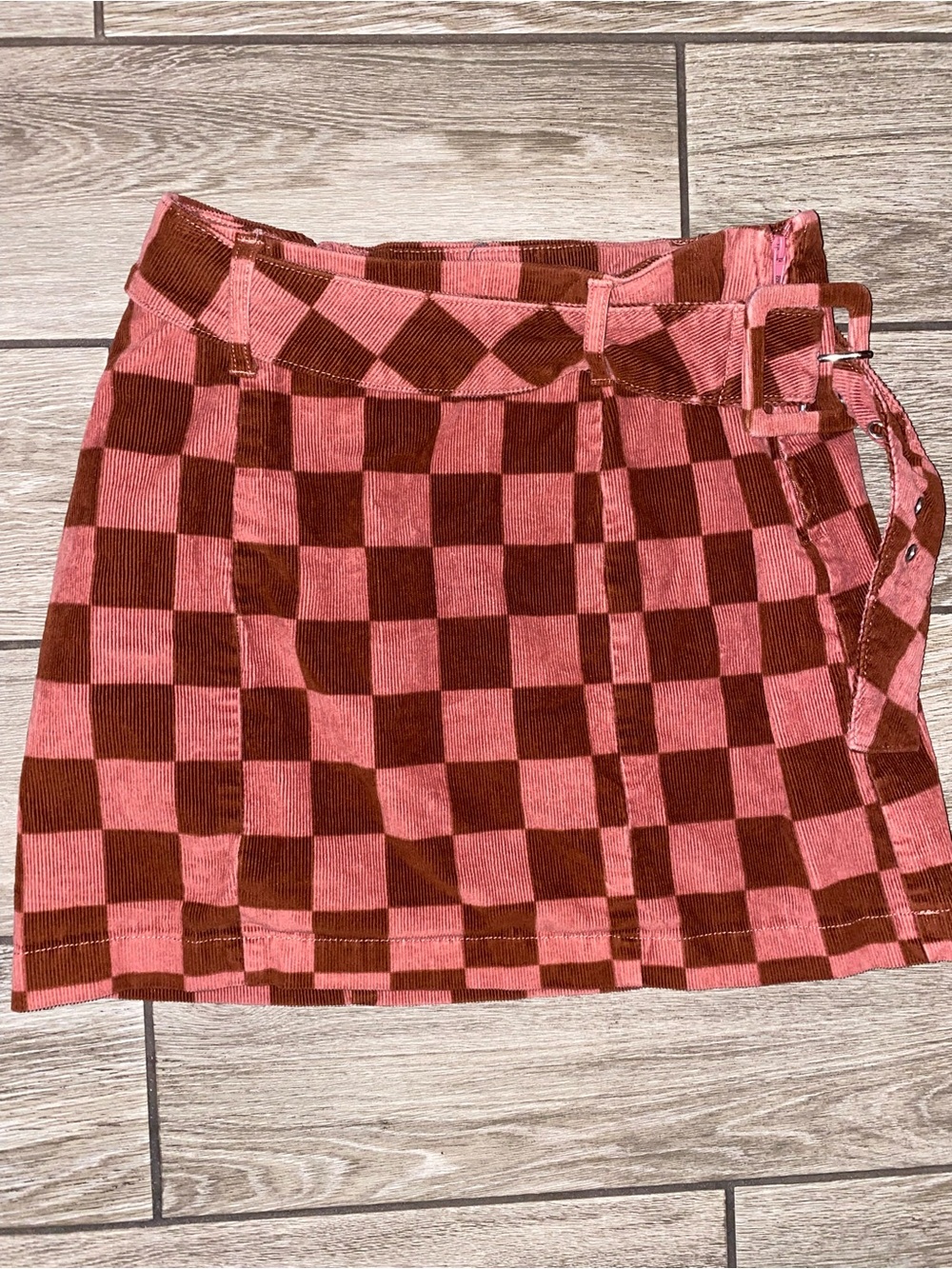 wild fable Pink and Brown Checkerboard Corduroy Mini Skirt with Belt